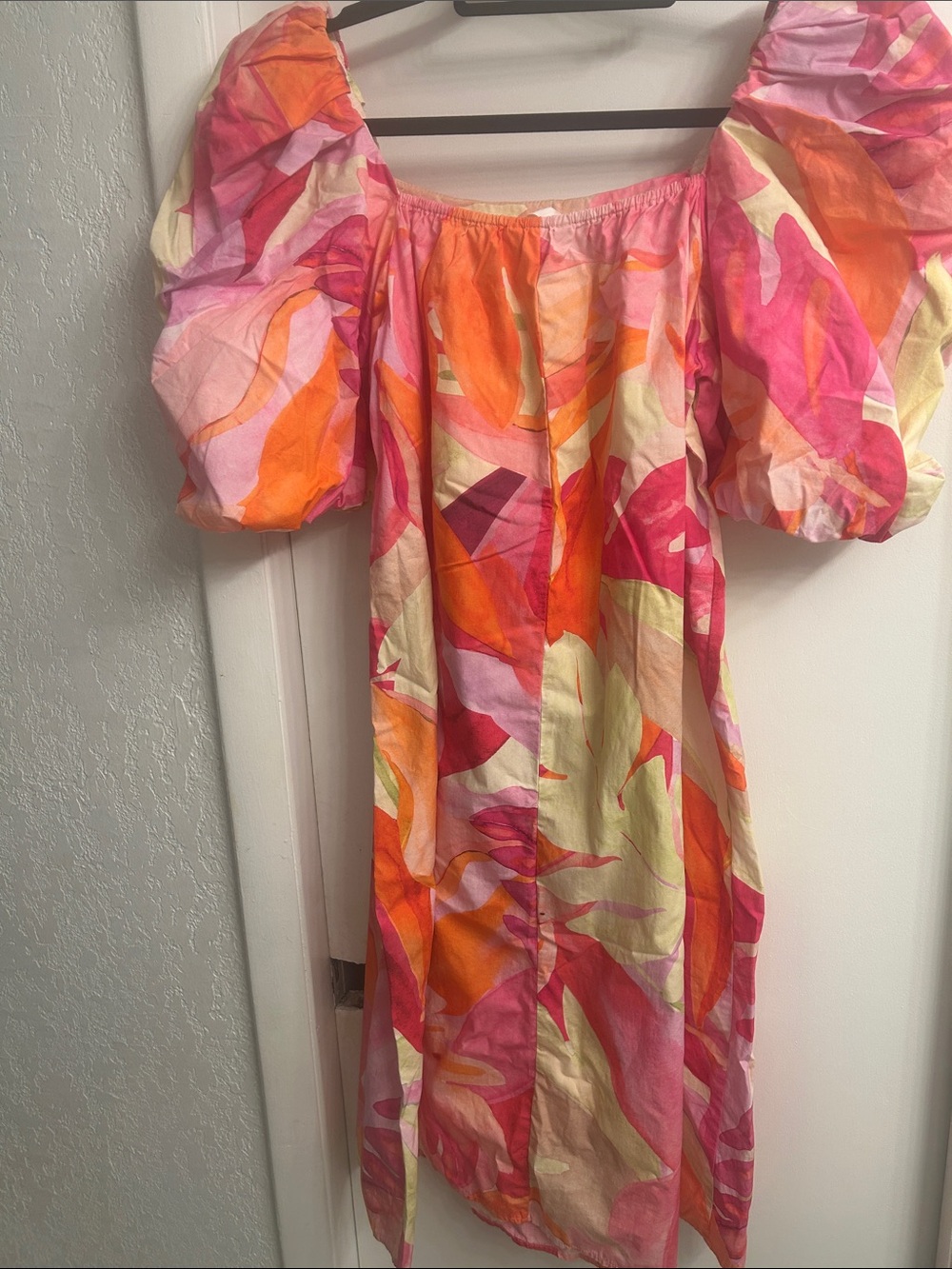 H&M Pink, Orange & Cream Puff Sleeve Midi Dress